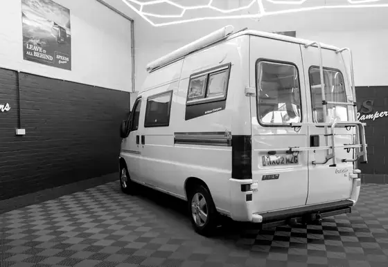 A campervan inside the Speeds Campers workshop